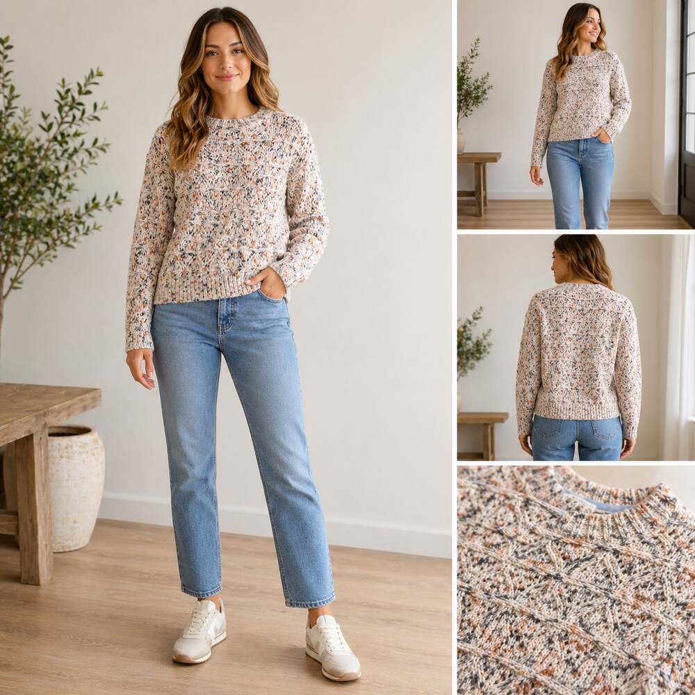 Hinge Multi Color Textured Pointelle Cable Knit Sweater Small Boho